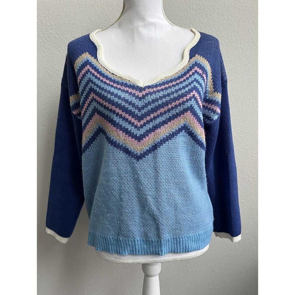 Miss look Vintage V Neck Sweater Chevon Blue Pullover Soft Women's Sz Large L